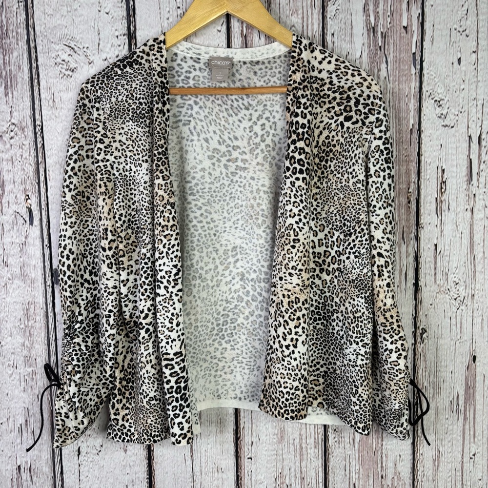Chico’s 2 Large Animal Print Open Front Light Cardigan Sweater Ruched Sleeves